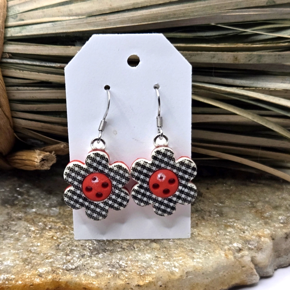 Checkered Flower Earrings Black White Check Red Center Dangle Drop Light Weight 15$